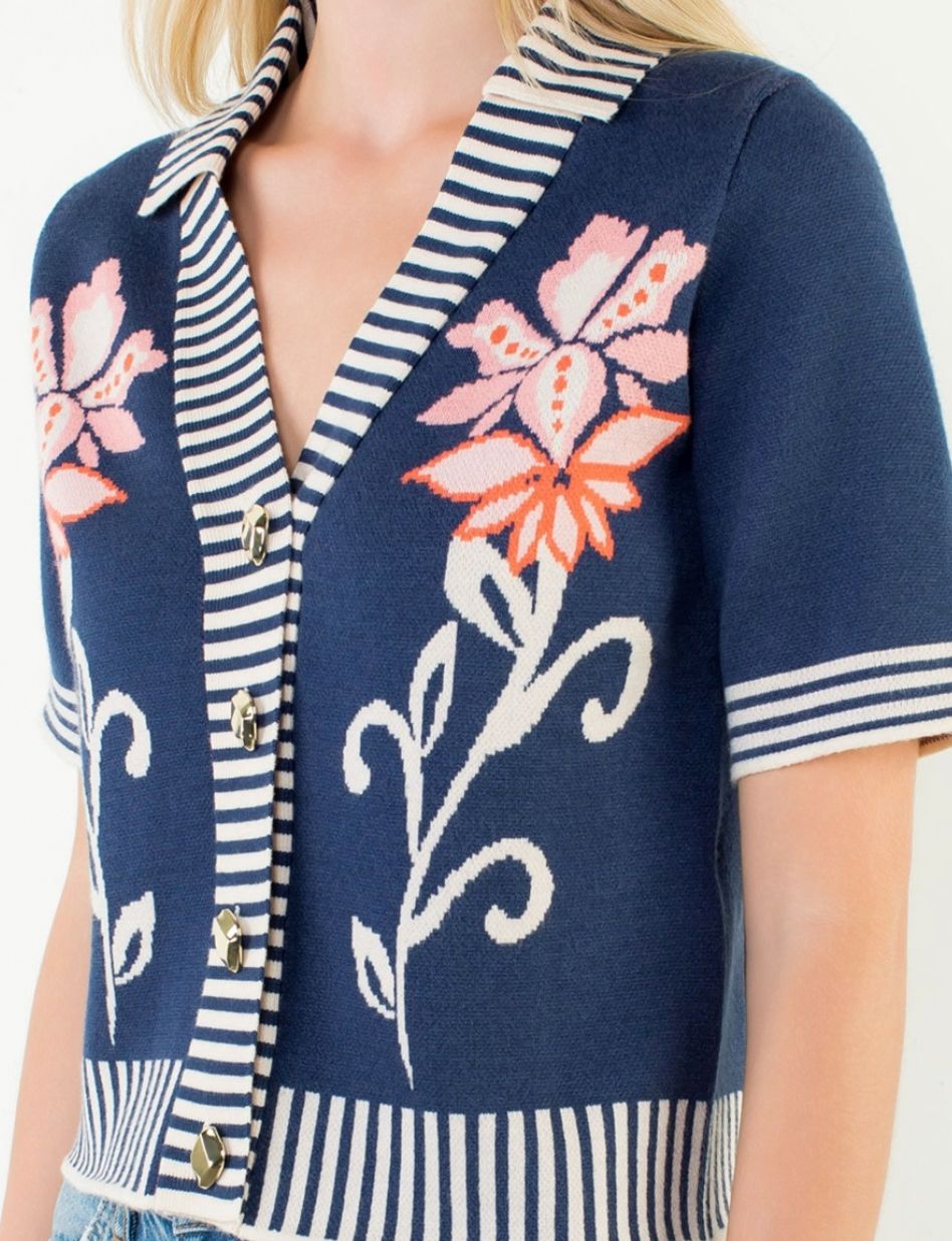 Navy Print Short Sleeve Knit Top