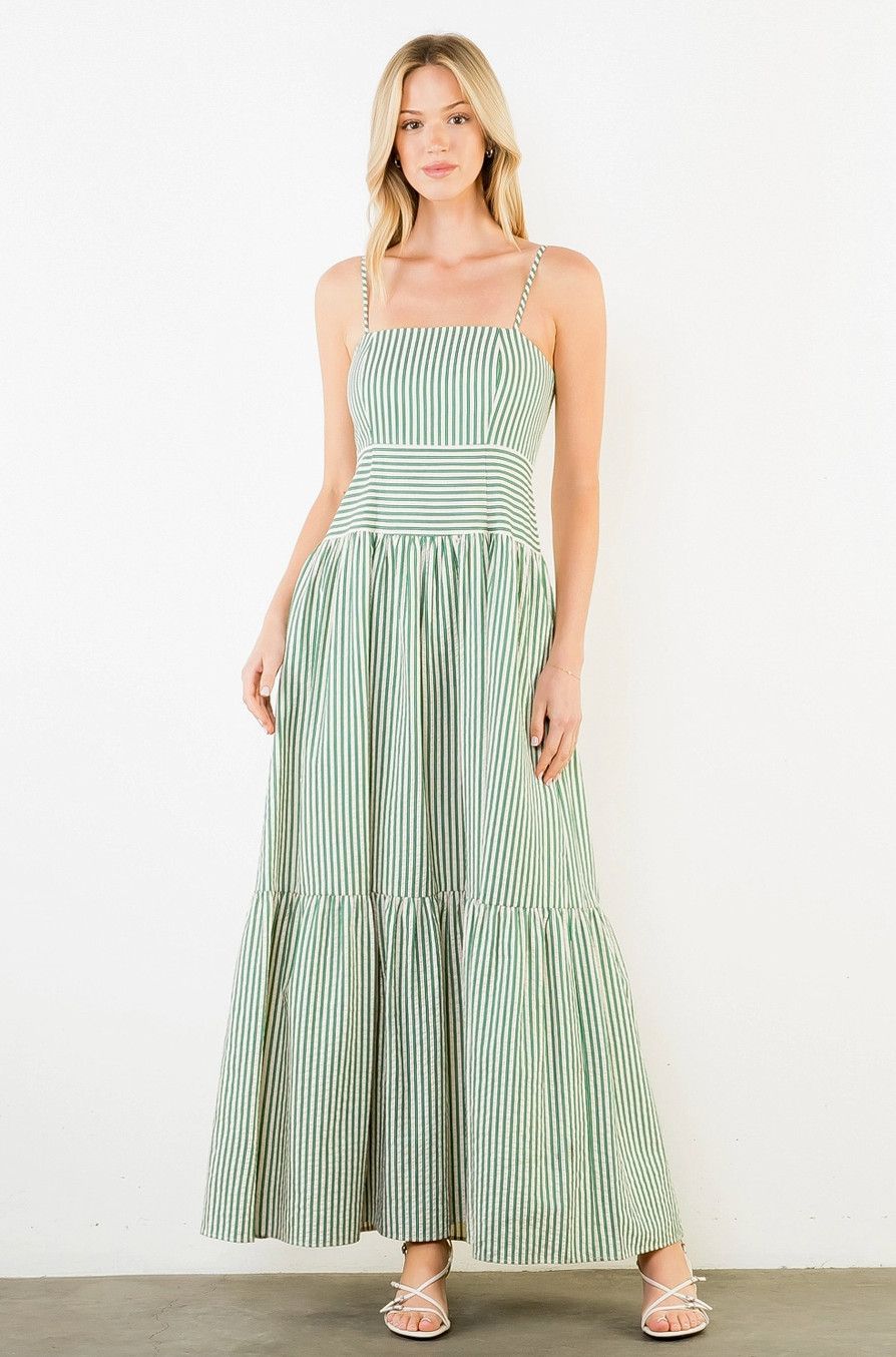 Green Textured Stripe Tiered Dress