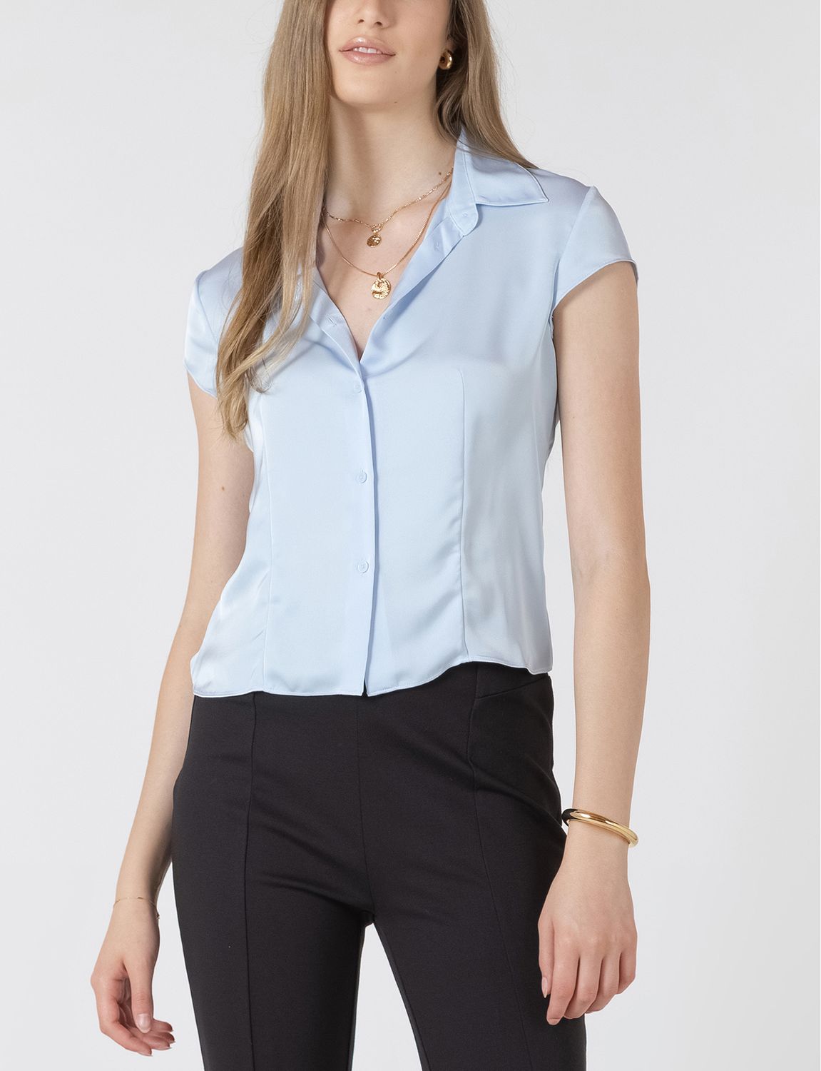 Fresh Sky Textured Seamed Button Front Blouse