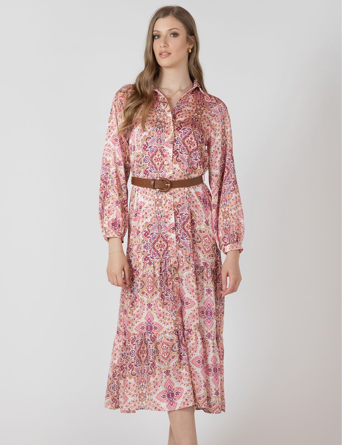 Vibrant Paisley Belted Shirt Dress