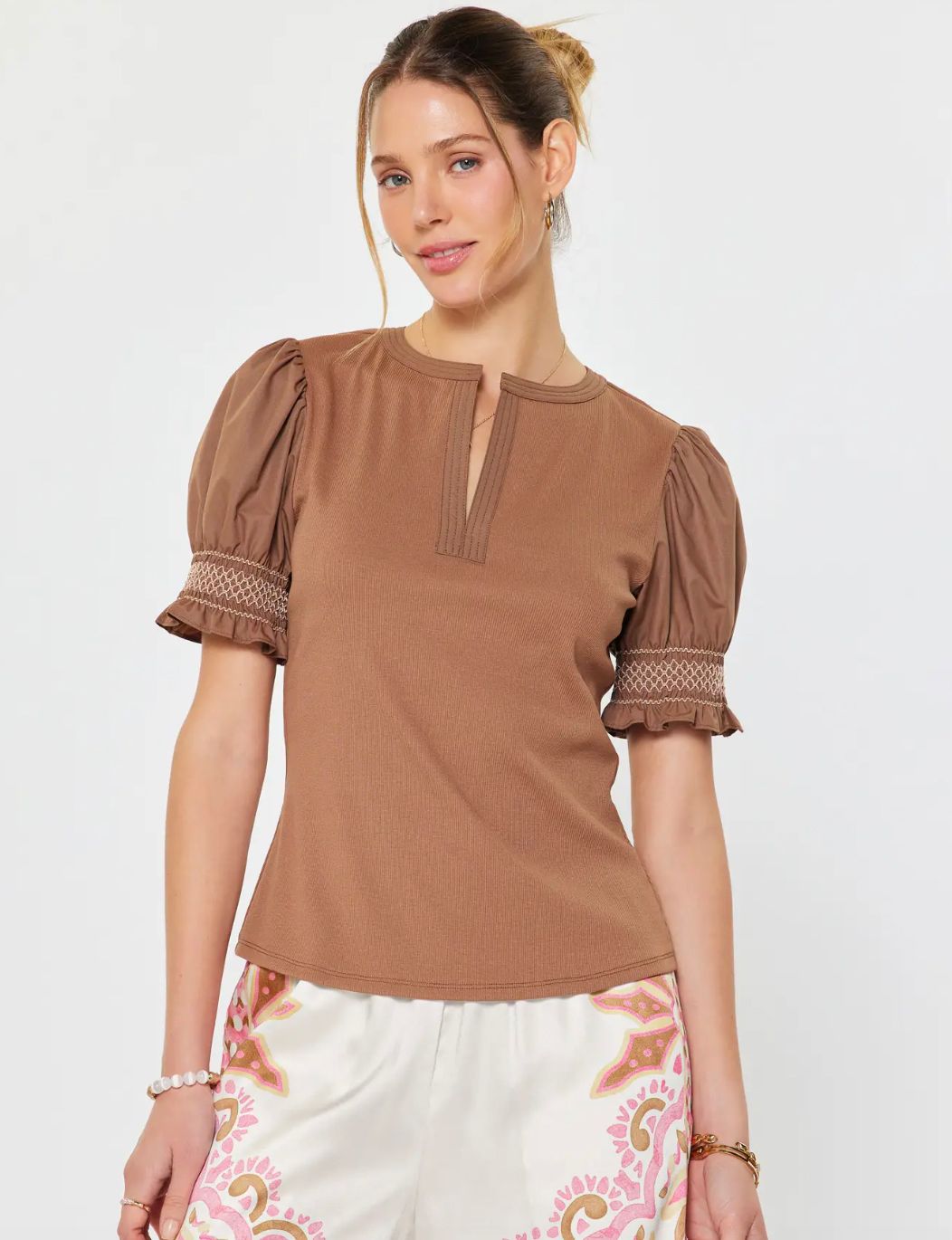 Brown Puff Sleeve Ribbed Top