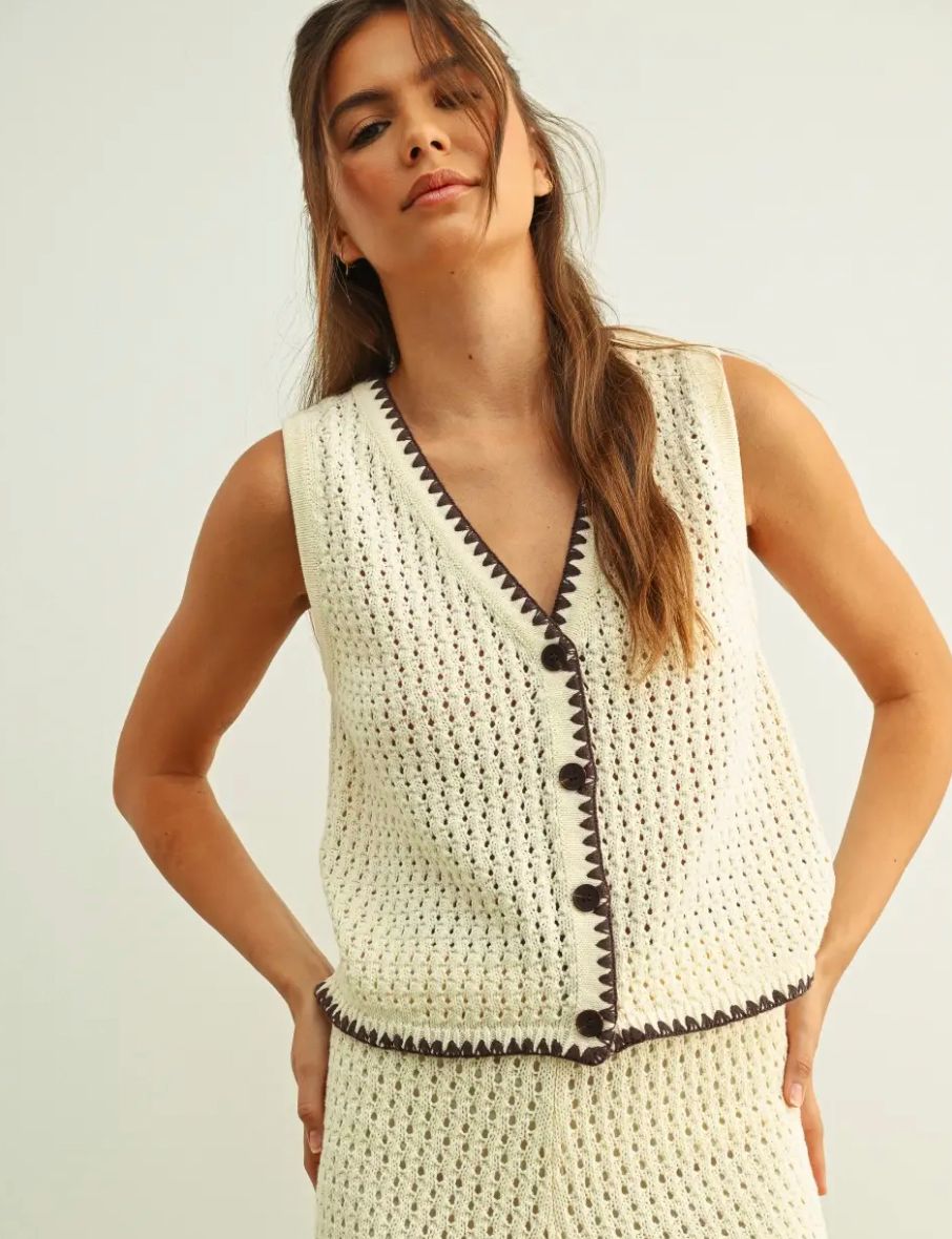 Beige Button Front Crochet Vest