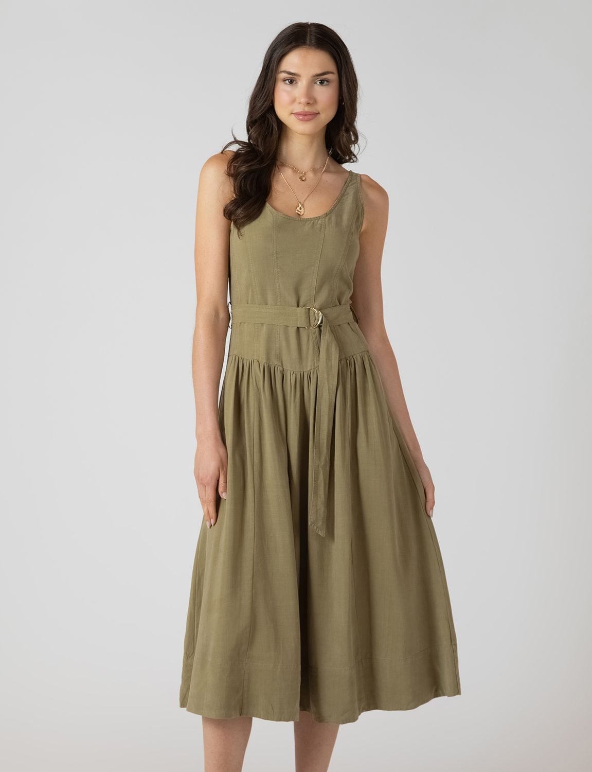 Dusty Sage Belted Drop Waist Midi