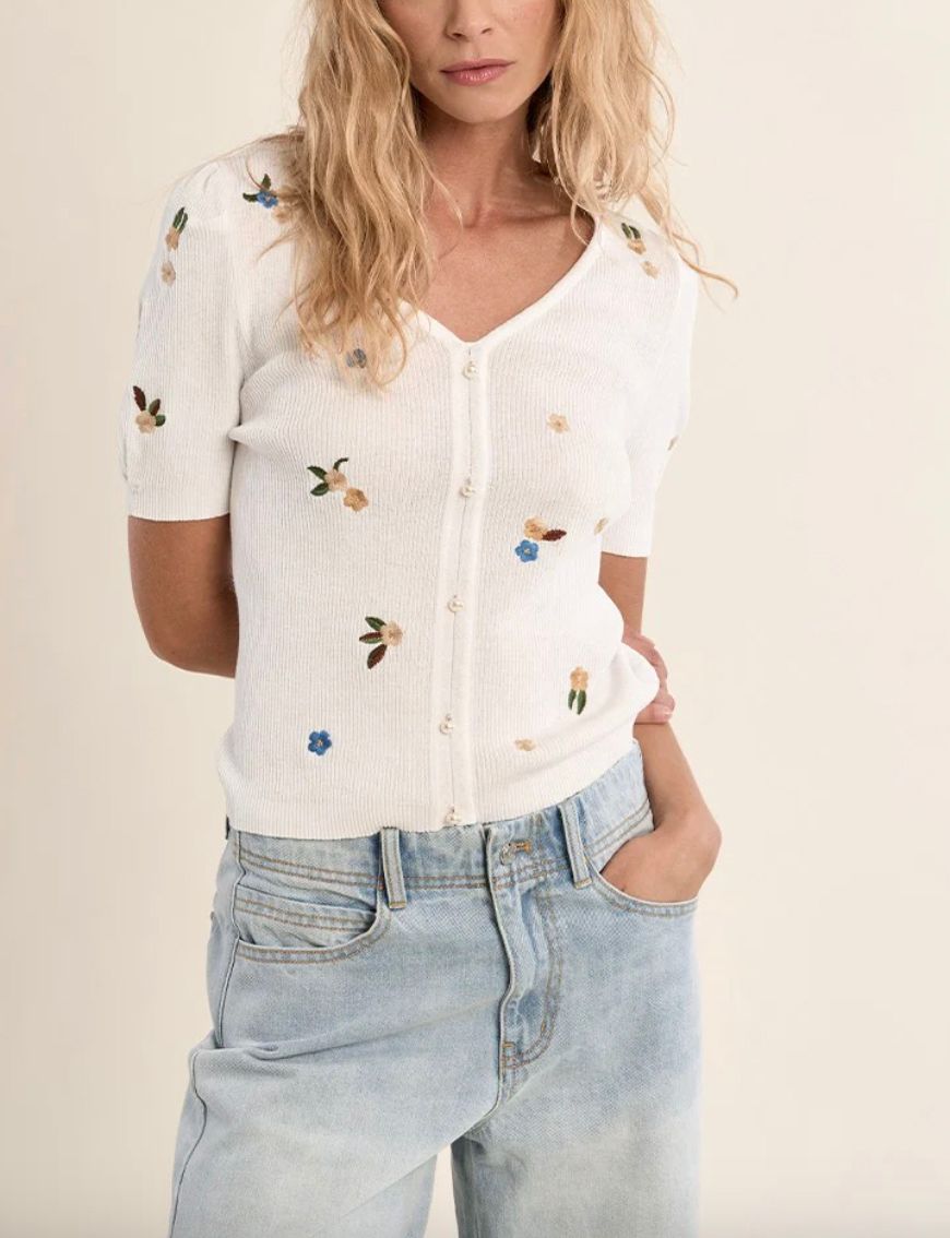 Off White Flower Embroidered Knit Cardigan