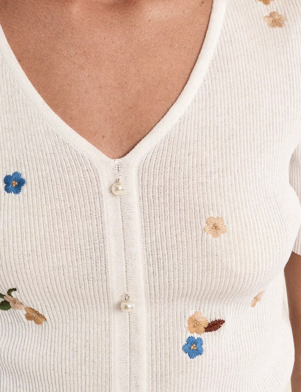 Off White Flower Embroidered Knit Cardigan