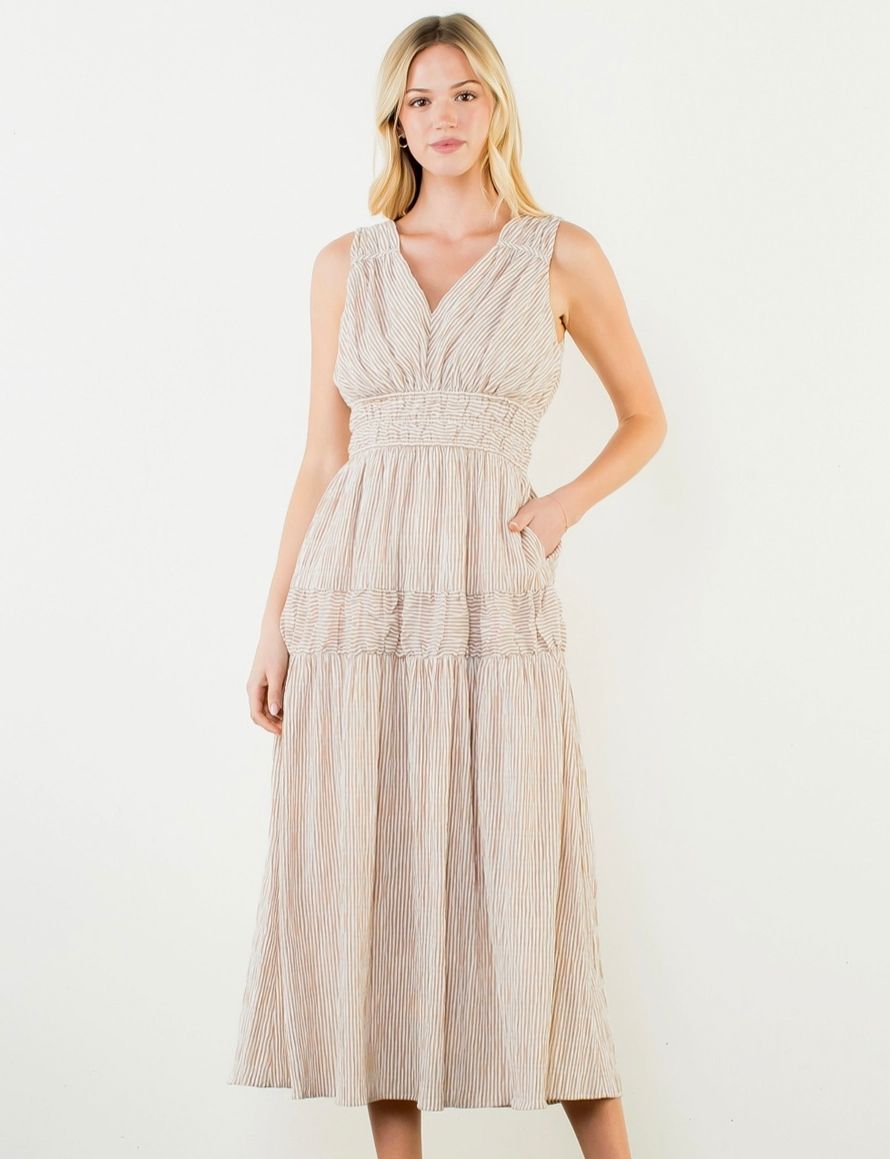 Taupe Sleeveless Vertical Stripe Tiered Dress