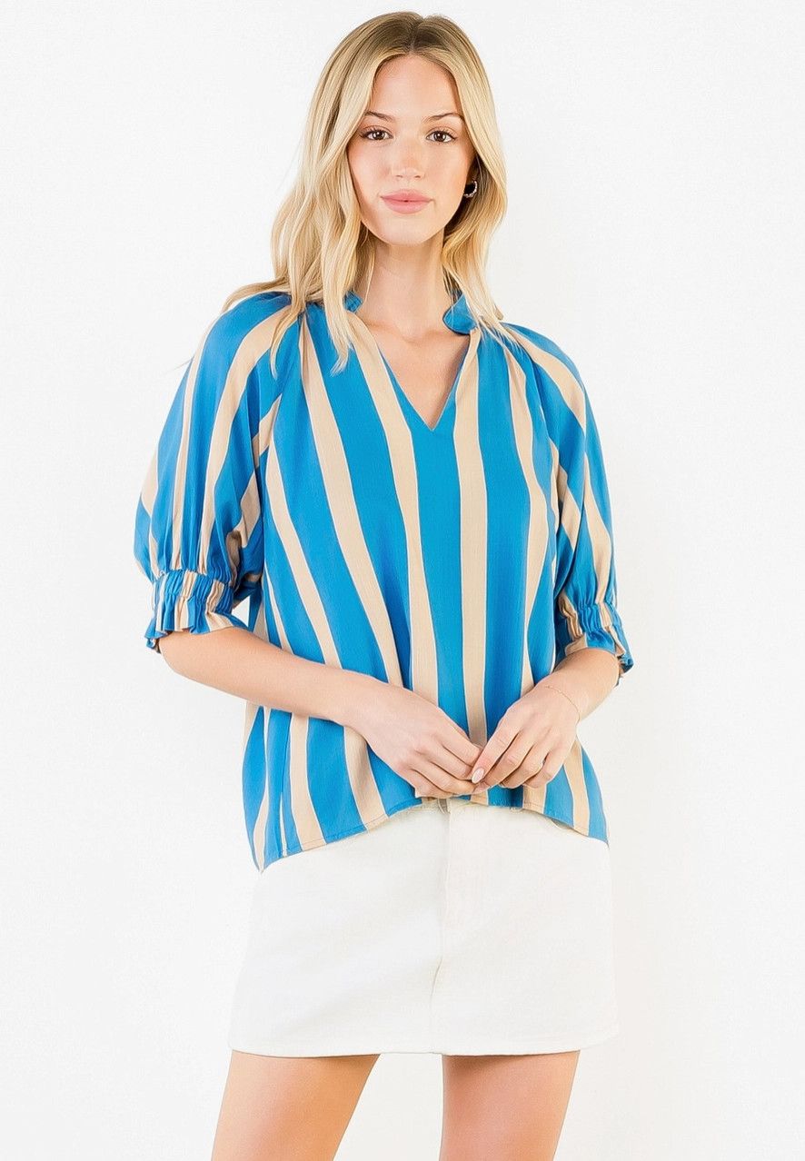 Blue and Khaki Stripe V Neck Top