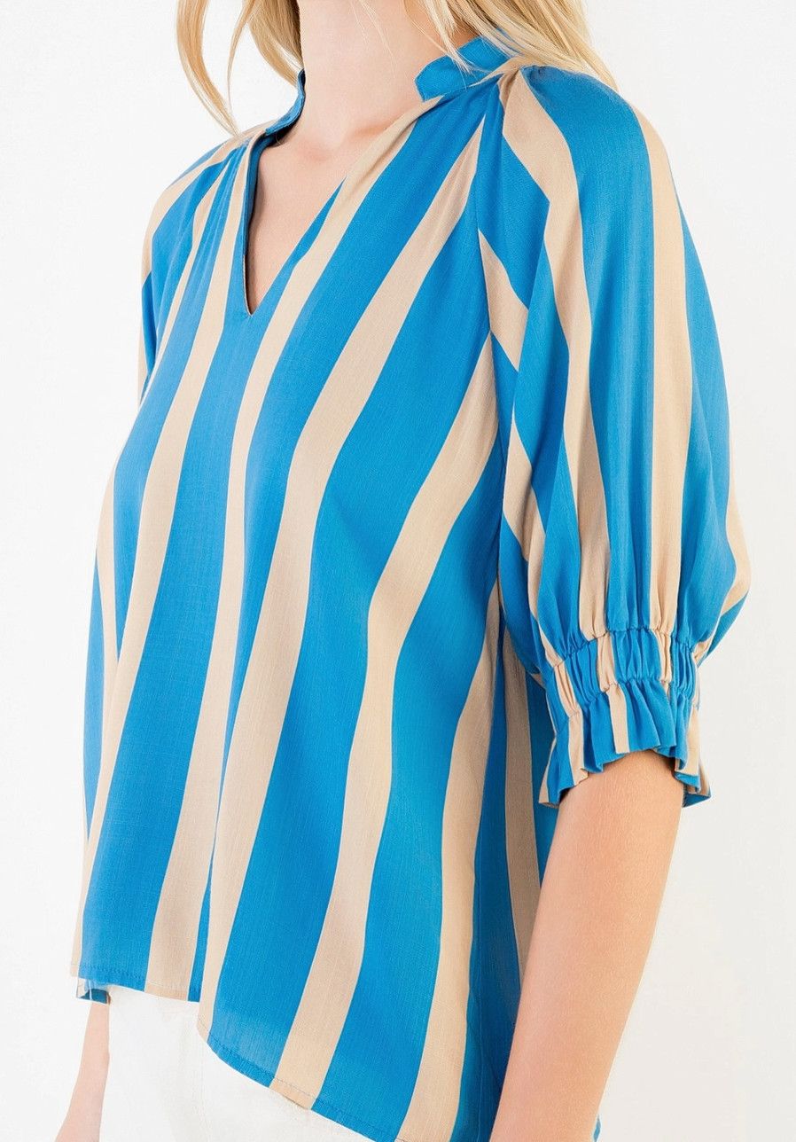 Blue and Khaki Stripe V Neck Top