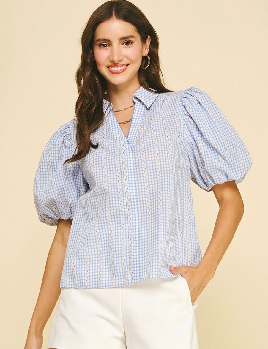 Light Blue Floral Plaid Blouse