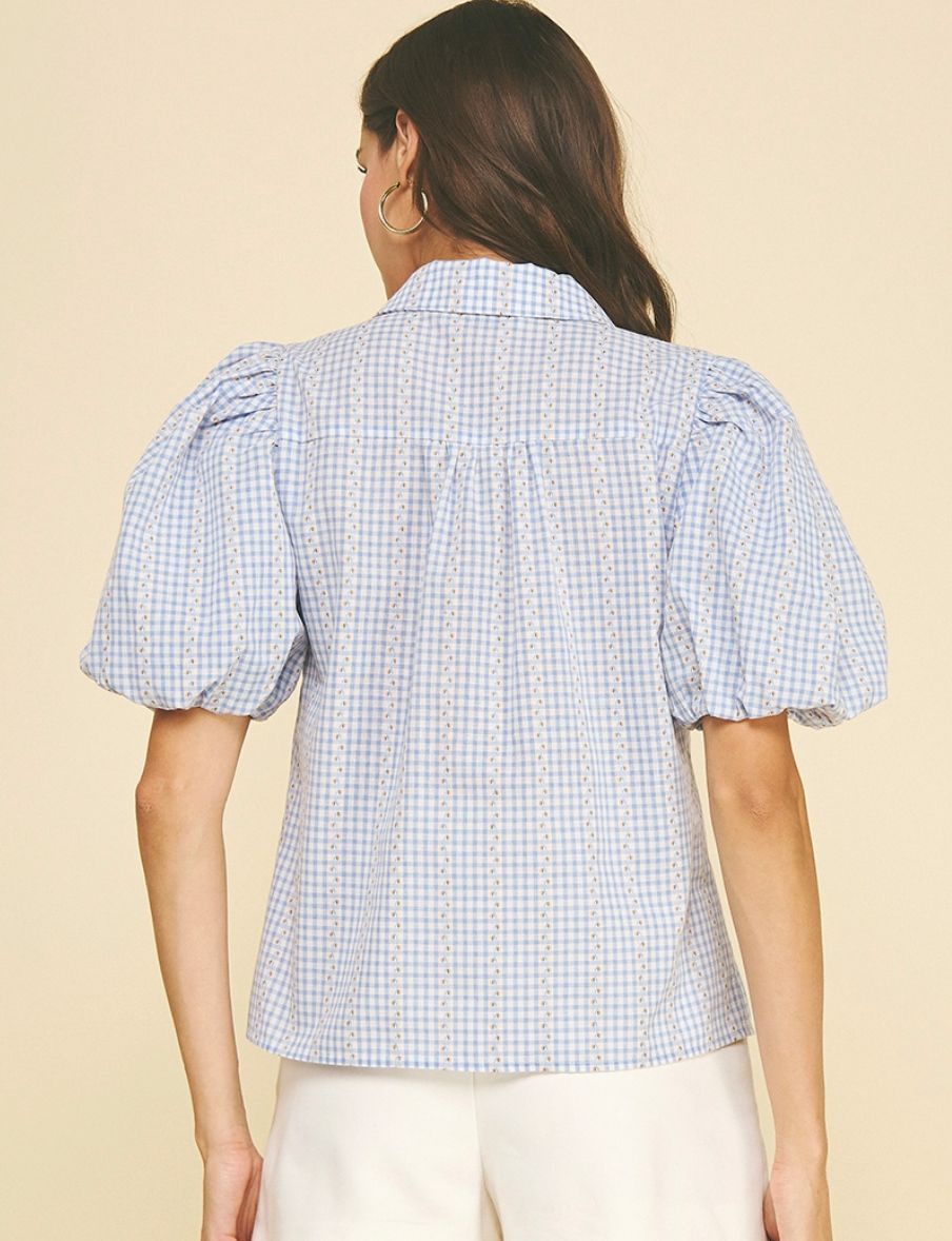 Light Blue Floral Plaid Blouse