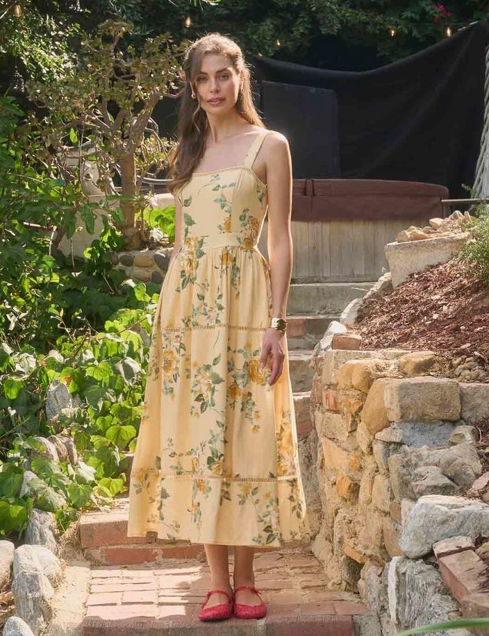 Yellow Square Neck Floral Print Midi