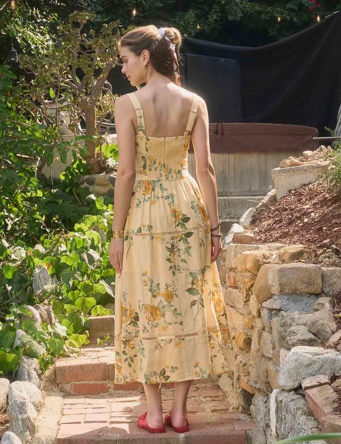 Yellow Square Neck Floral Print Midi