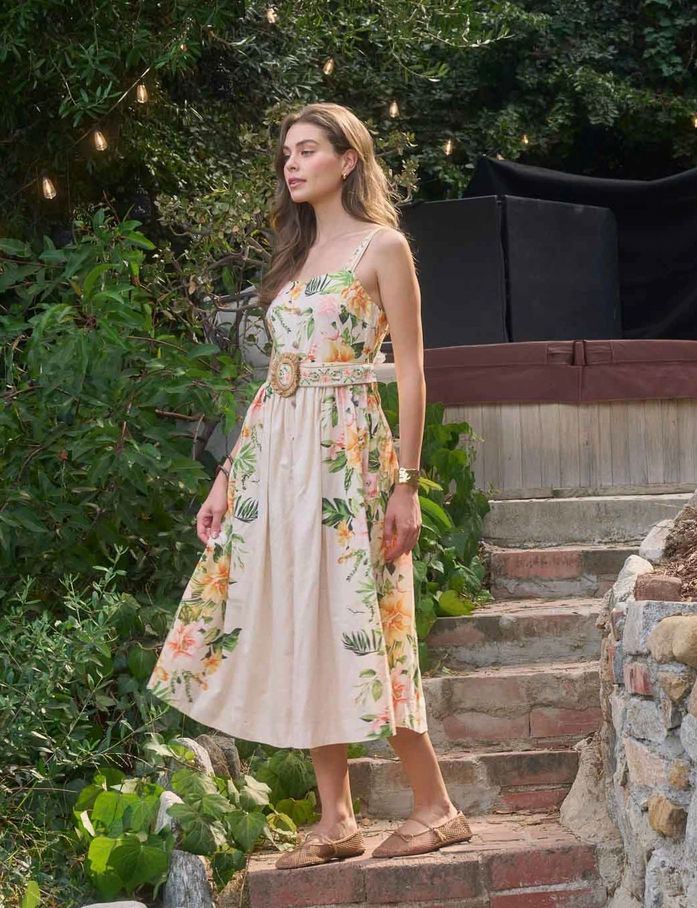 Cream Square Neck Floral Belted Midi