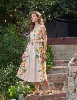 Cream Square Neck Floral Belted Midi