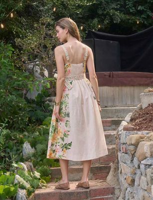 Cream Square Neck Floral Belted Midi