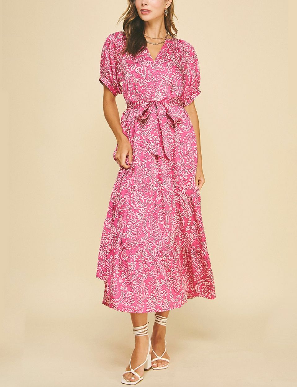 Magenta Damask Print Tiered Maxi