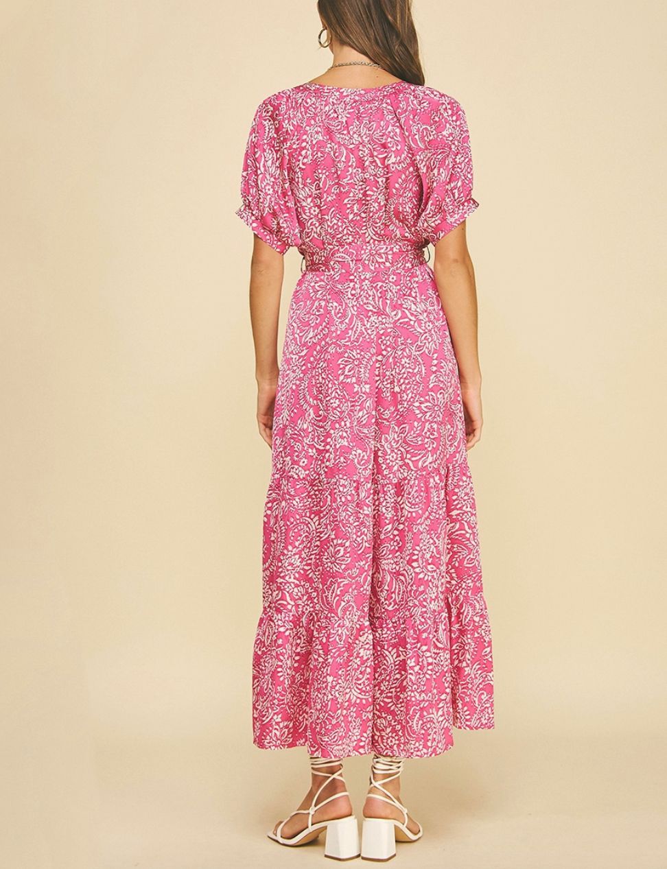 Magenta Damask Print Tiered Maxi