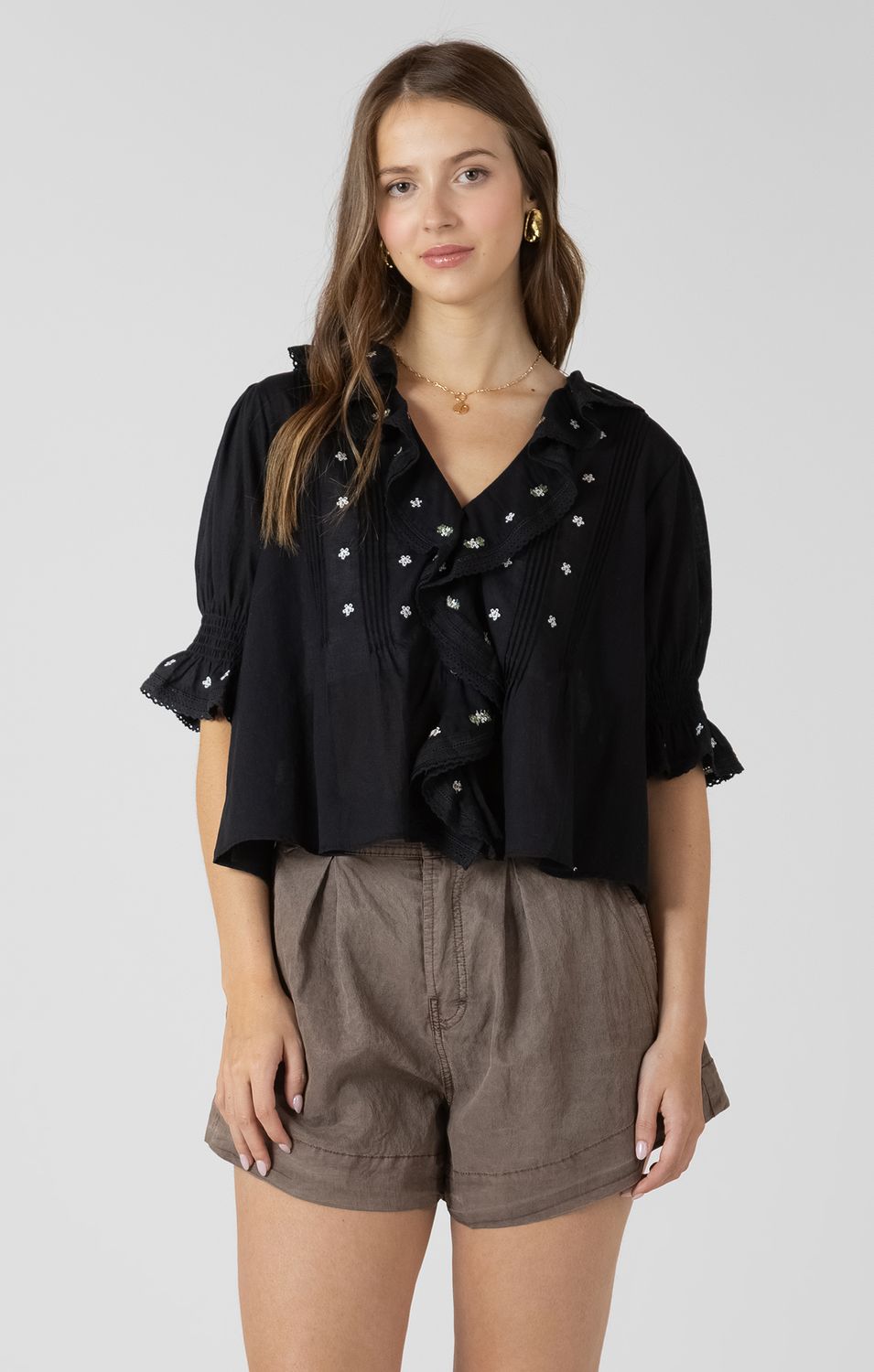 Black Ruffle Detail Embroidered Top