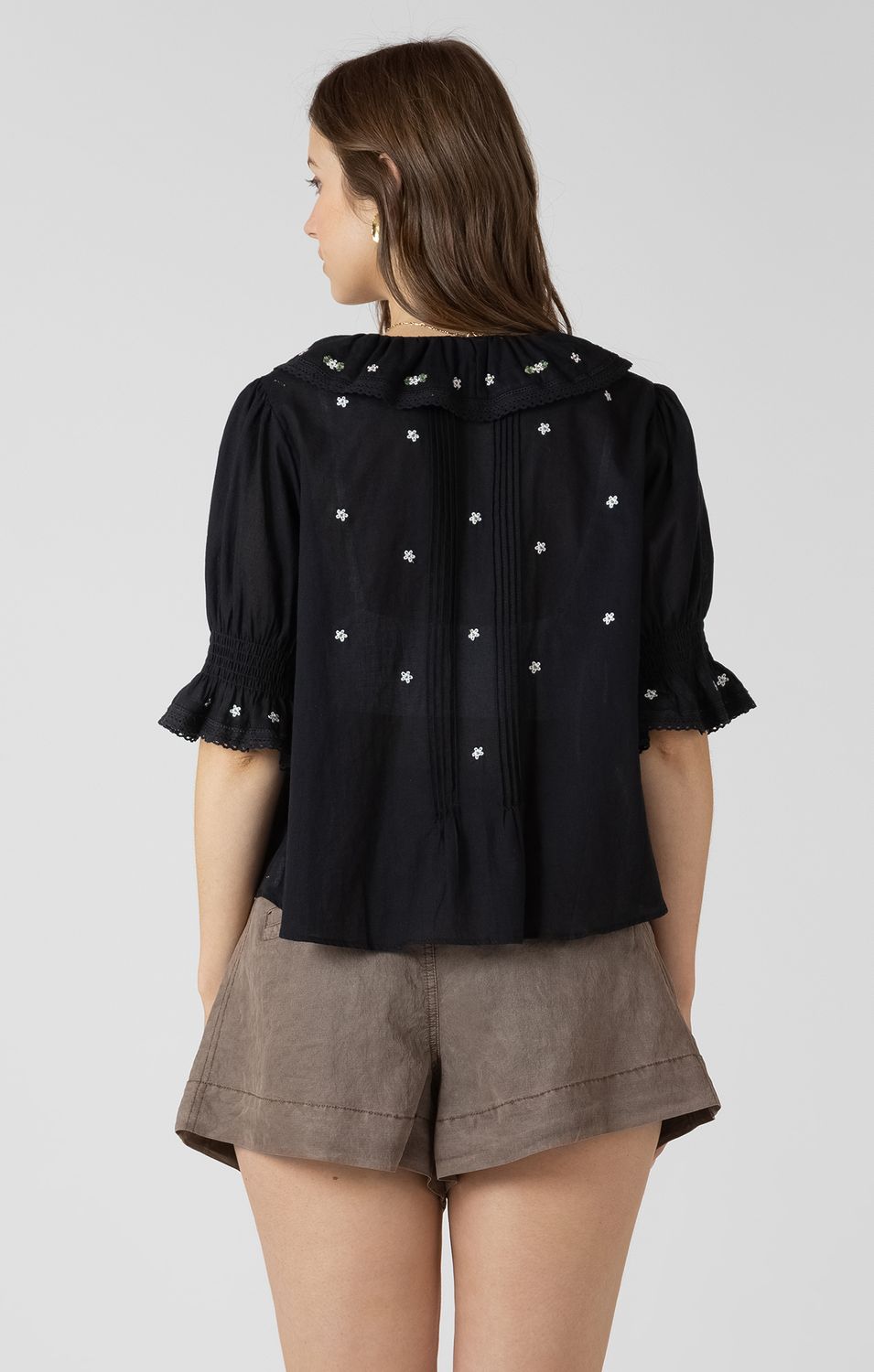 Black Ruffle Detail Embroidered Top
