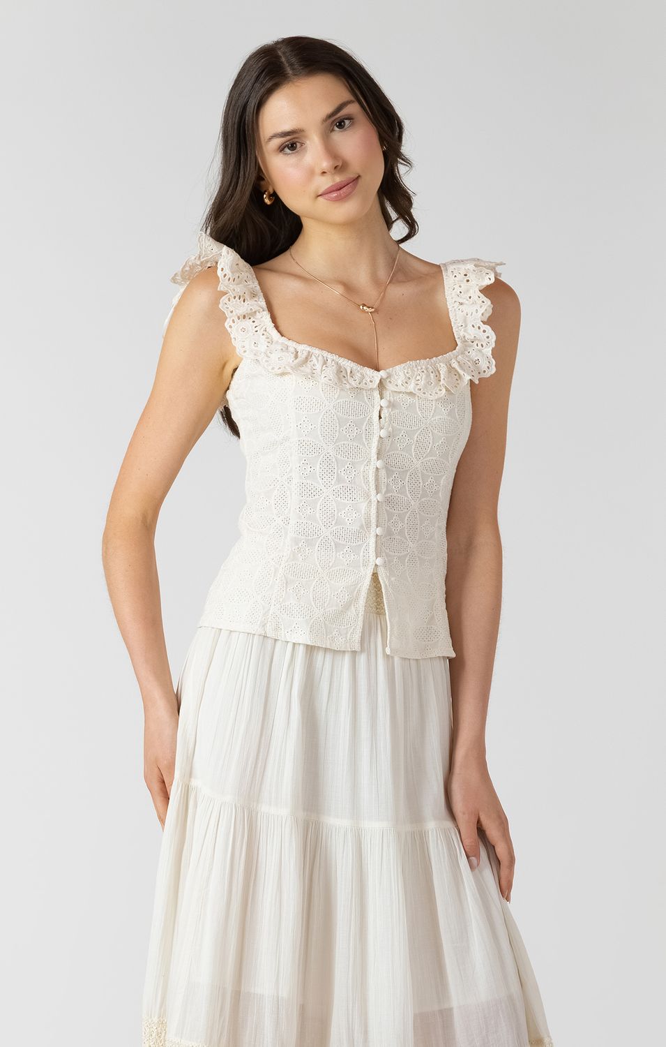 Ecru Button Front Eyelet Top