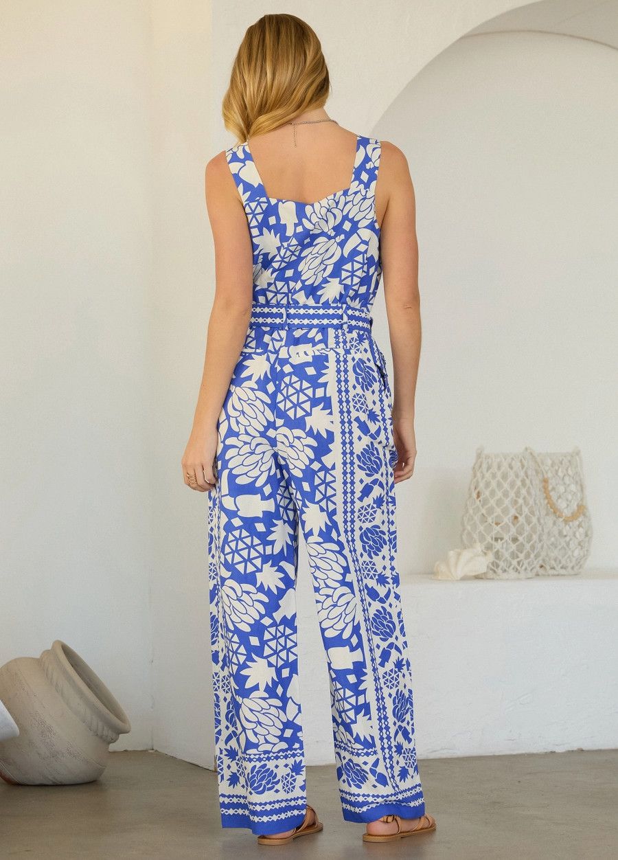 Colbalt Border Print Button Front Jumpsuit