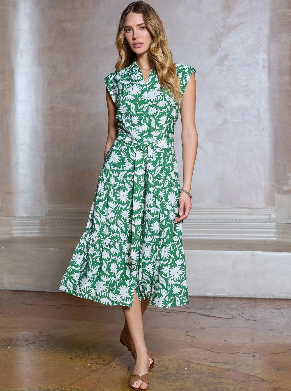 Green Collared Button Down Belted Tiered Midi