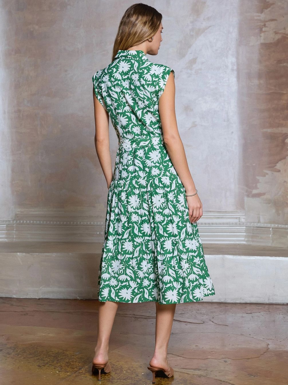 Green Collared Button Down Belted Tiered Midi