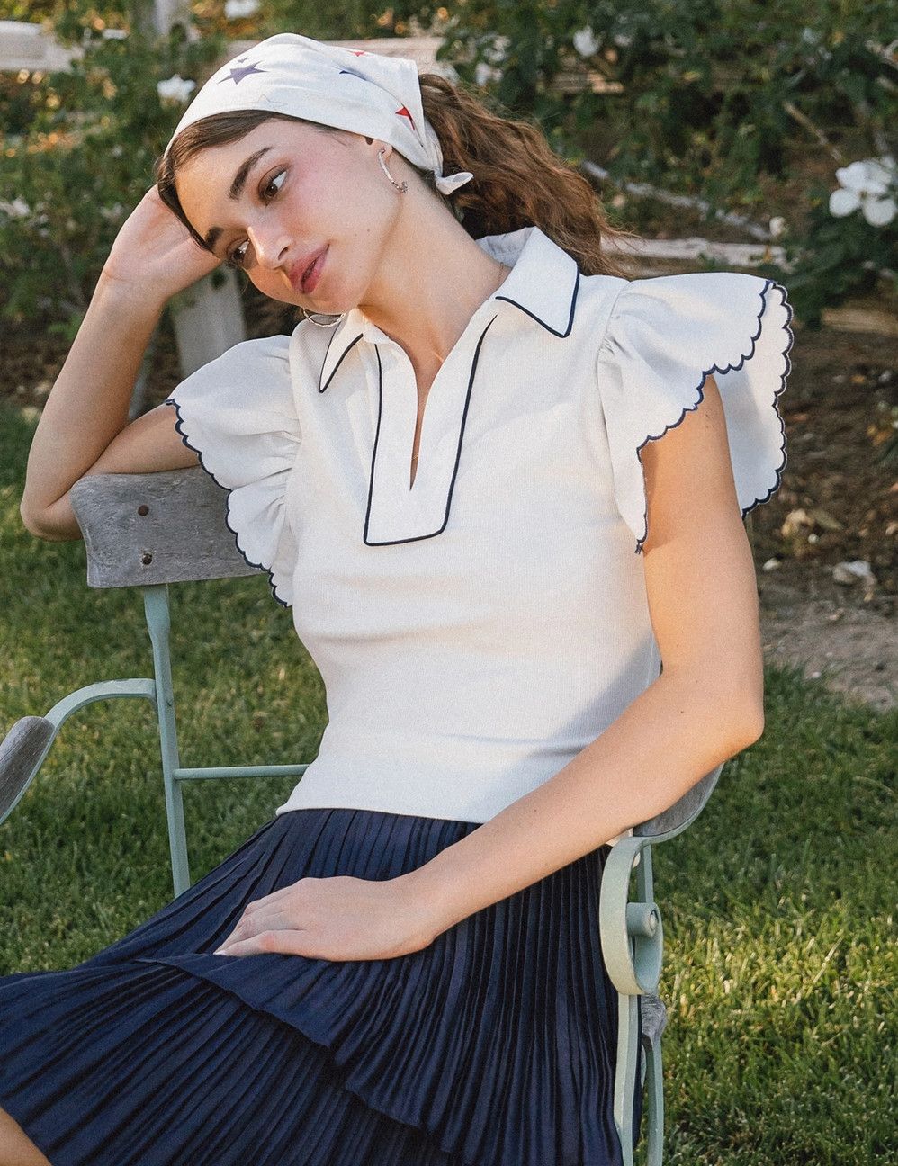 White Embroidered Collared V Neck Top