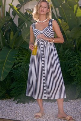 Navy and White Striped Midi