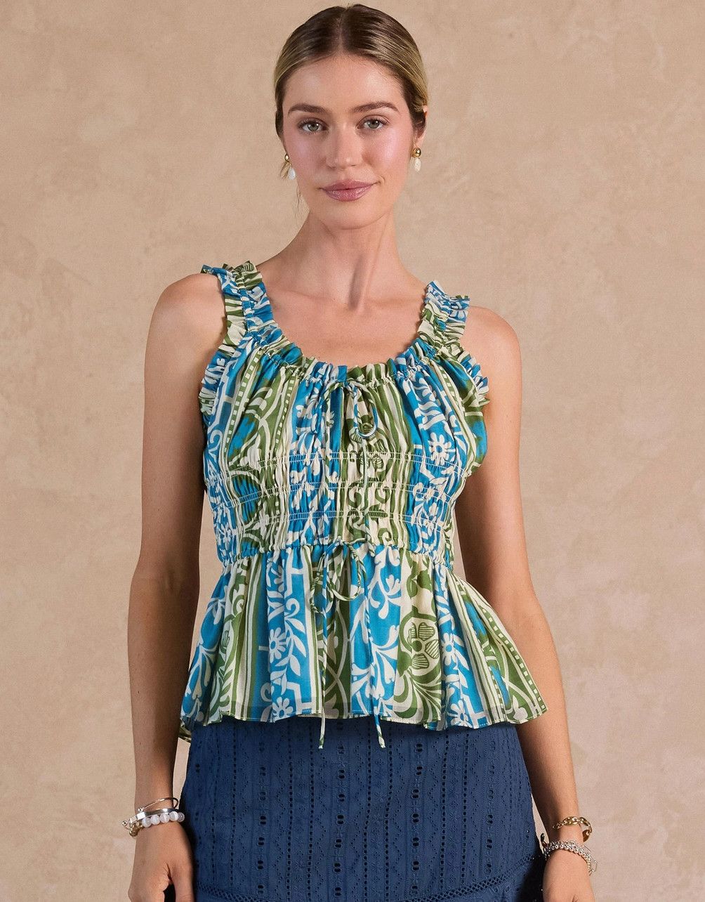 Green Print Ruffled Peplum Top