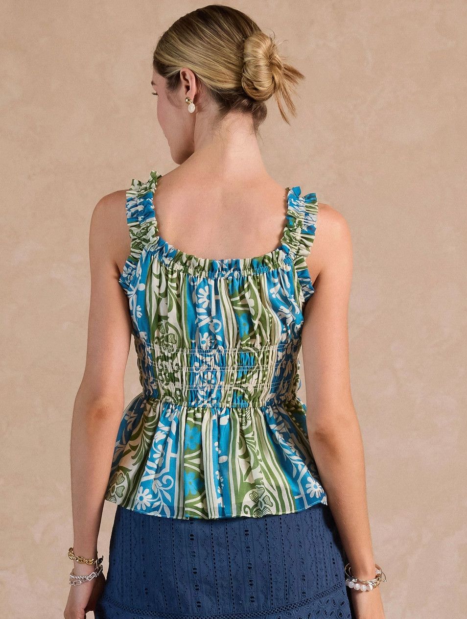 Green Print Ruffled Peplum Top