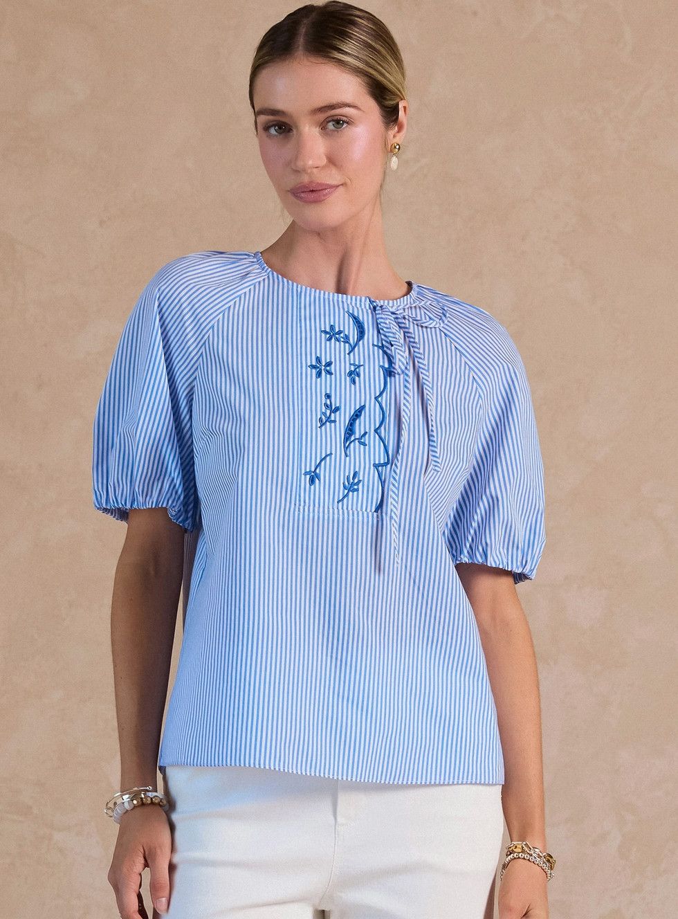 Blue Stripe Embroidered Blouse