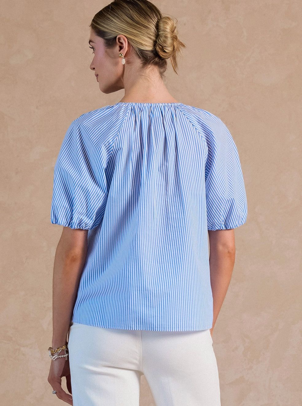 Blue Stripe Embroidered Blouse
