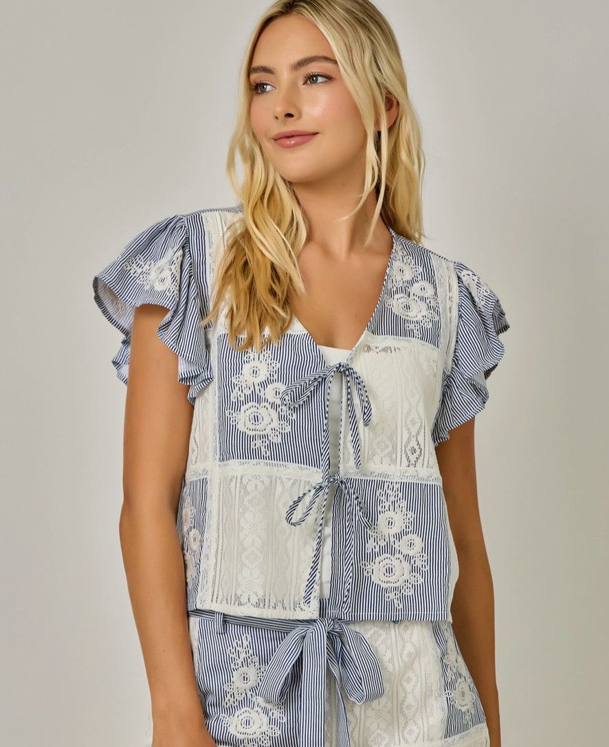 Navy Flutter Sleeve Lace and Embroidered Top