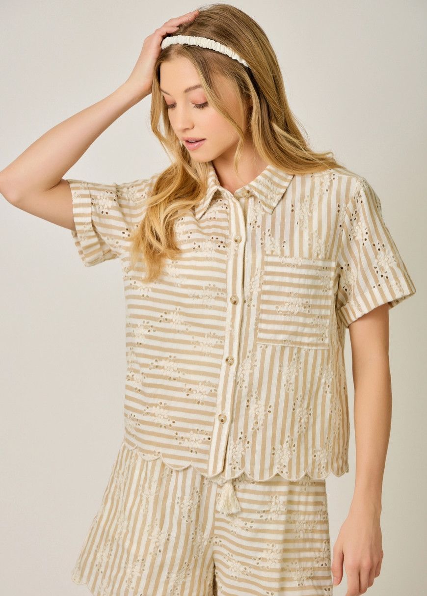 Taupe Pin Stripe Eyelet Blouse