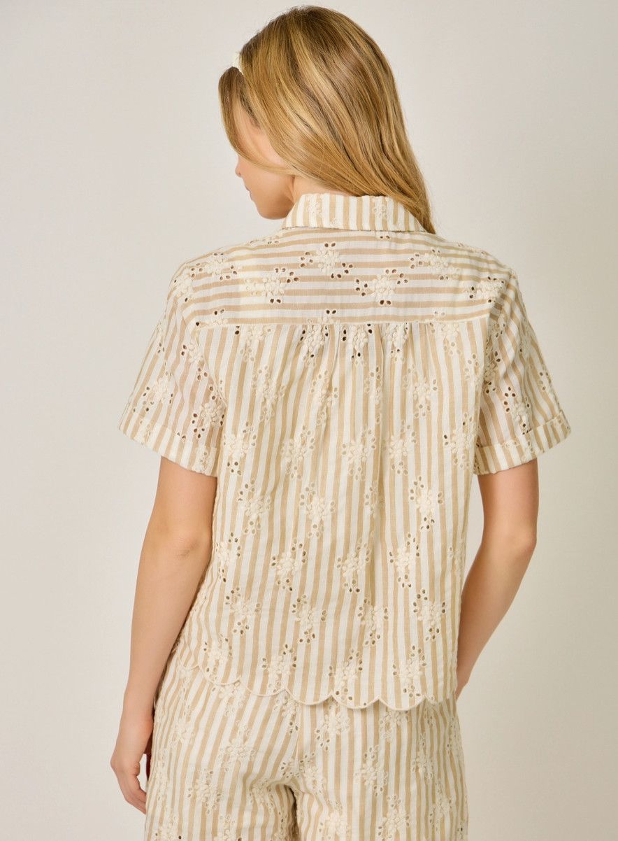 Taupe Pin Stripe Eyelet Blouse