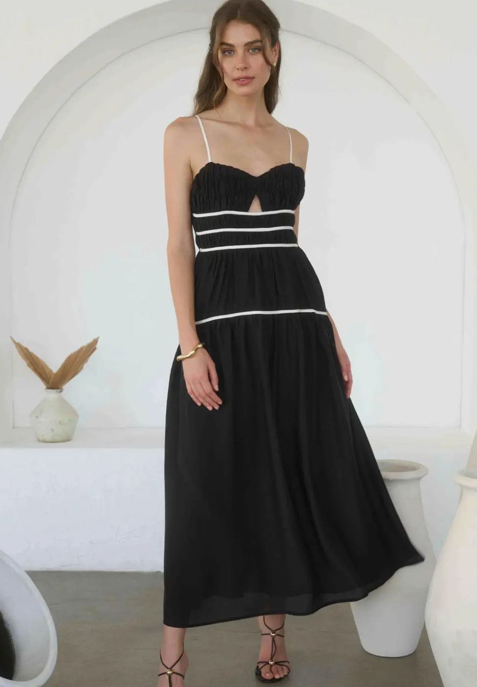 Black Shirred Keyhole Tiered Midi