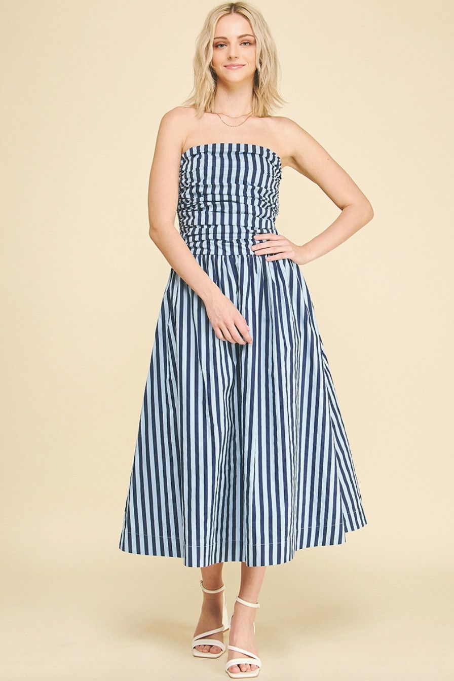 Navy Striped Strapless Midi