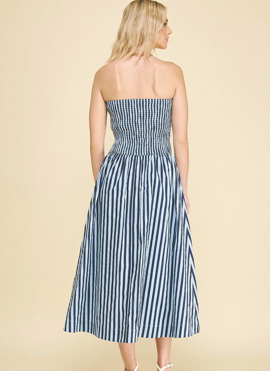 Navy Striped Strapless Midi