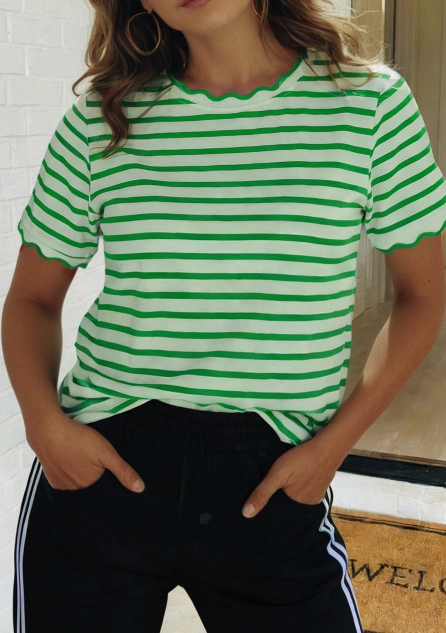 Light Green Stripe Scalloped Trim Tshirt