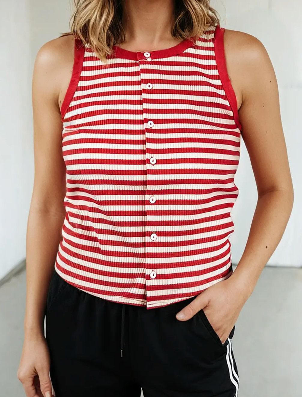 Red Stripe Buttoned Ribbed Tank