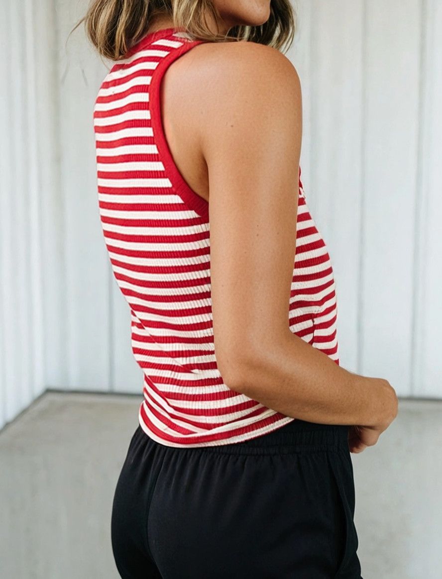 Red Stripe Buttoned Ribbed Tank