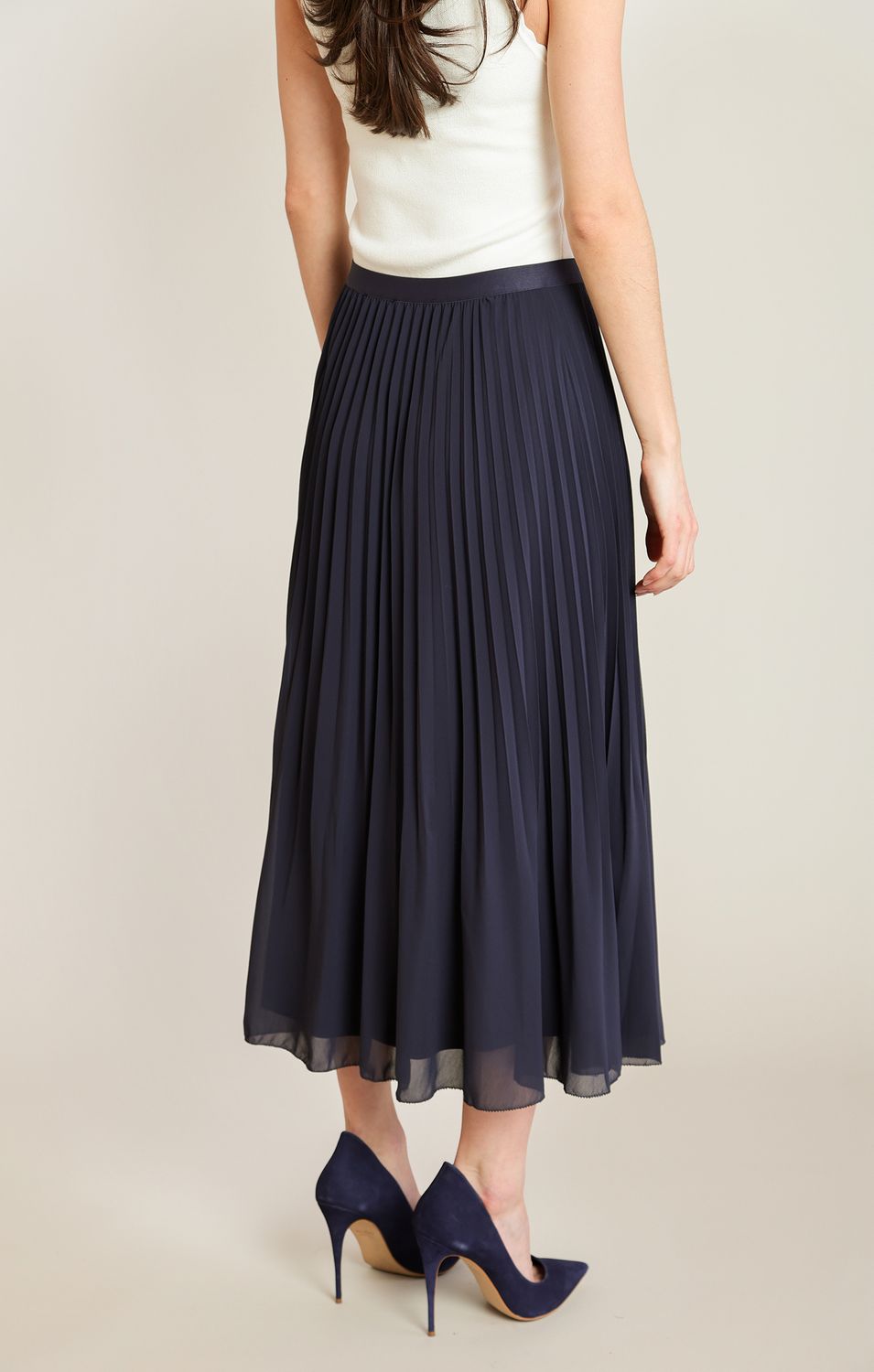 Navy Pleated Midi Skirt