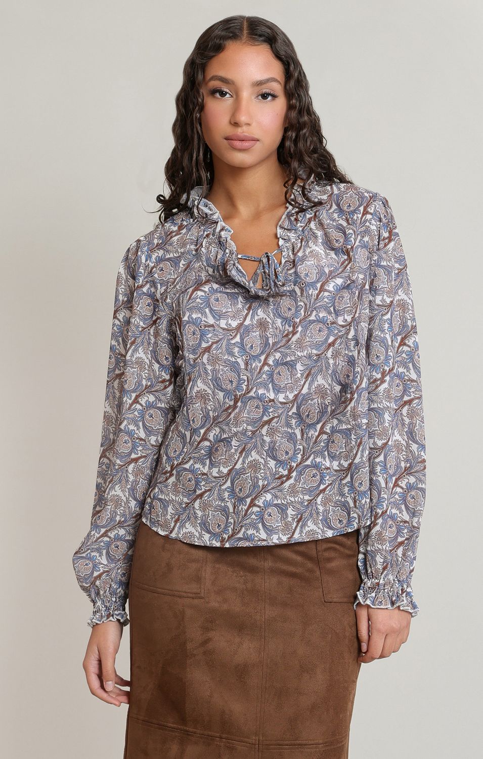 Brown Paisley Balloon Sleeve Blouse
