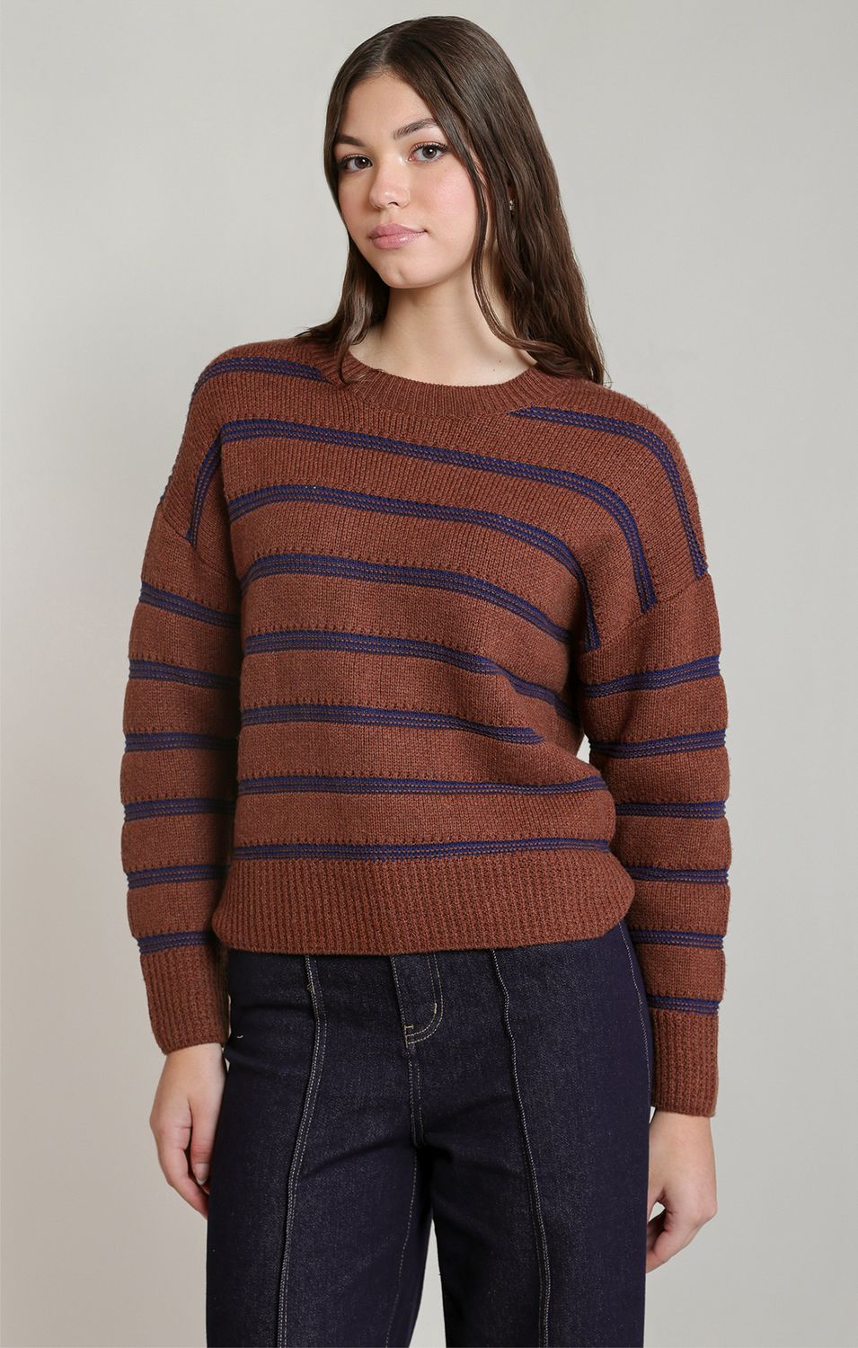 Rustic Brown Stripe Crewneck Sweater