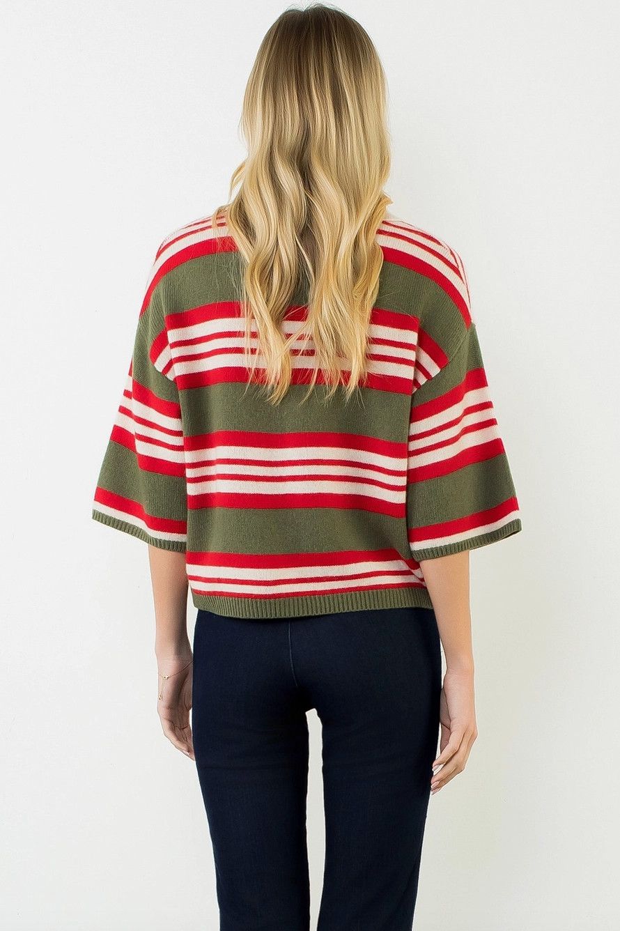 Green Striped Collared Sweater