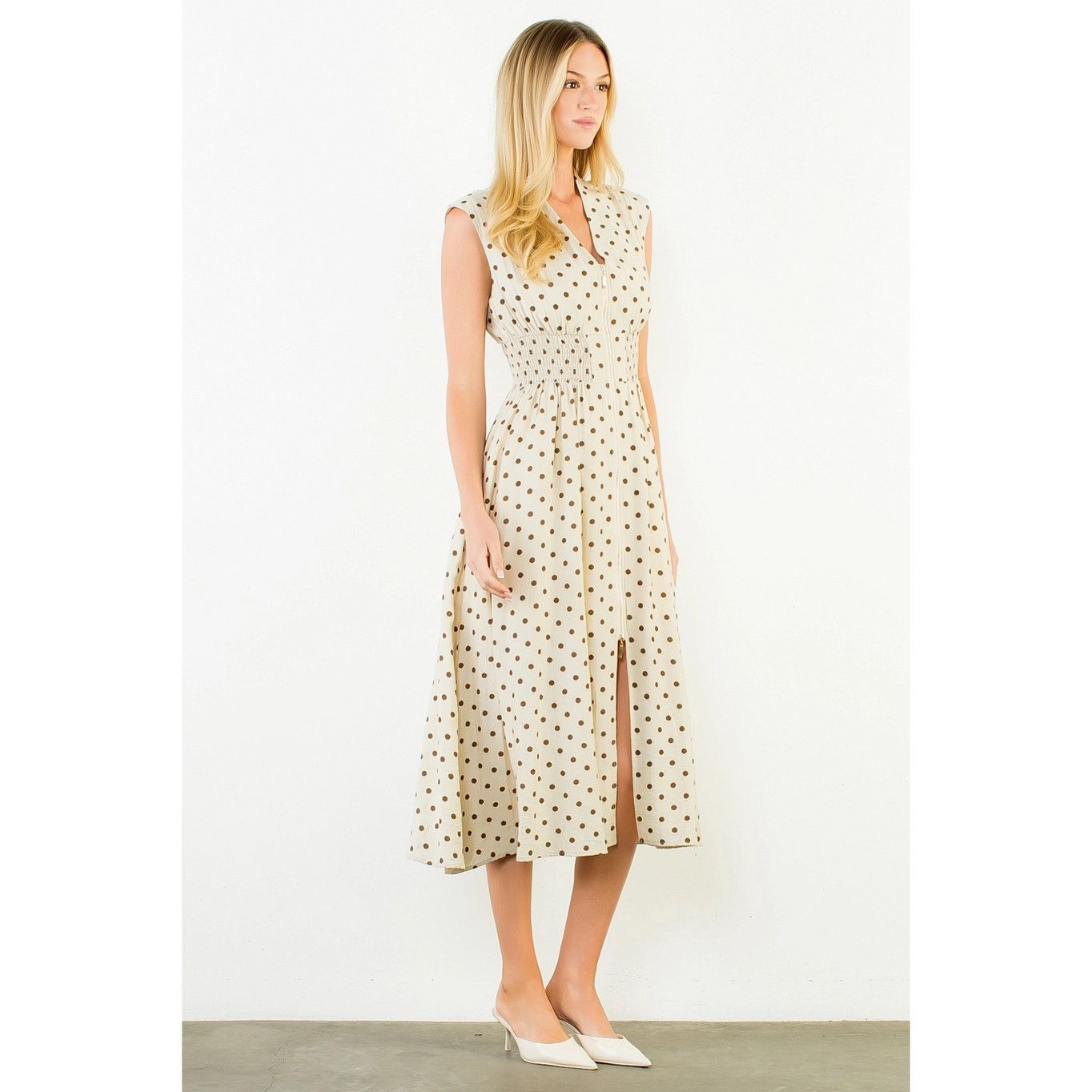 Beige Zipper Polka Dot Dress