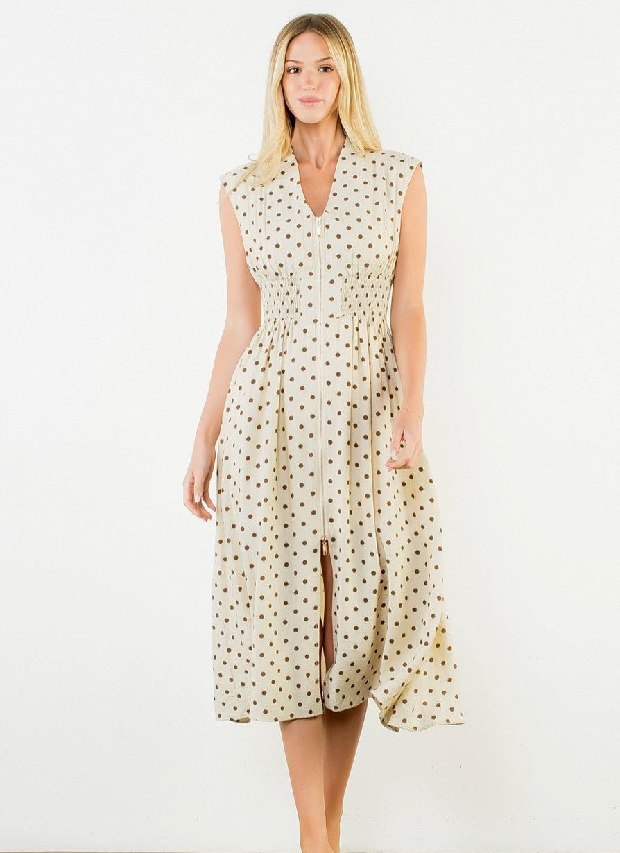 Beige Zipper Polka Dot Dress