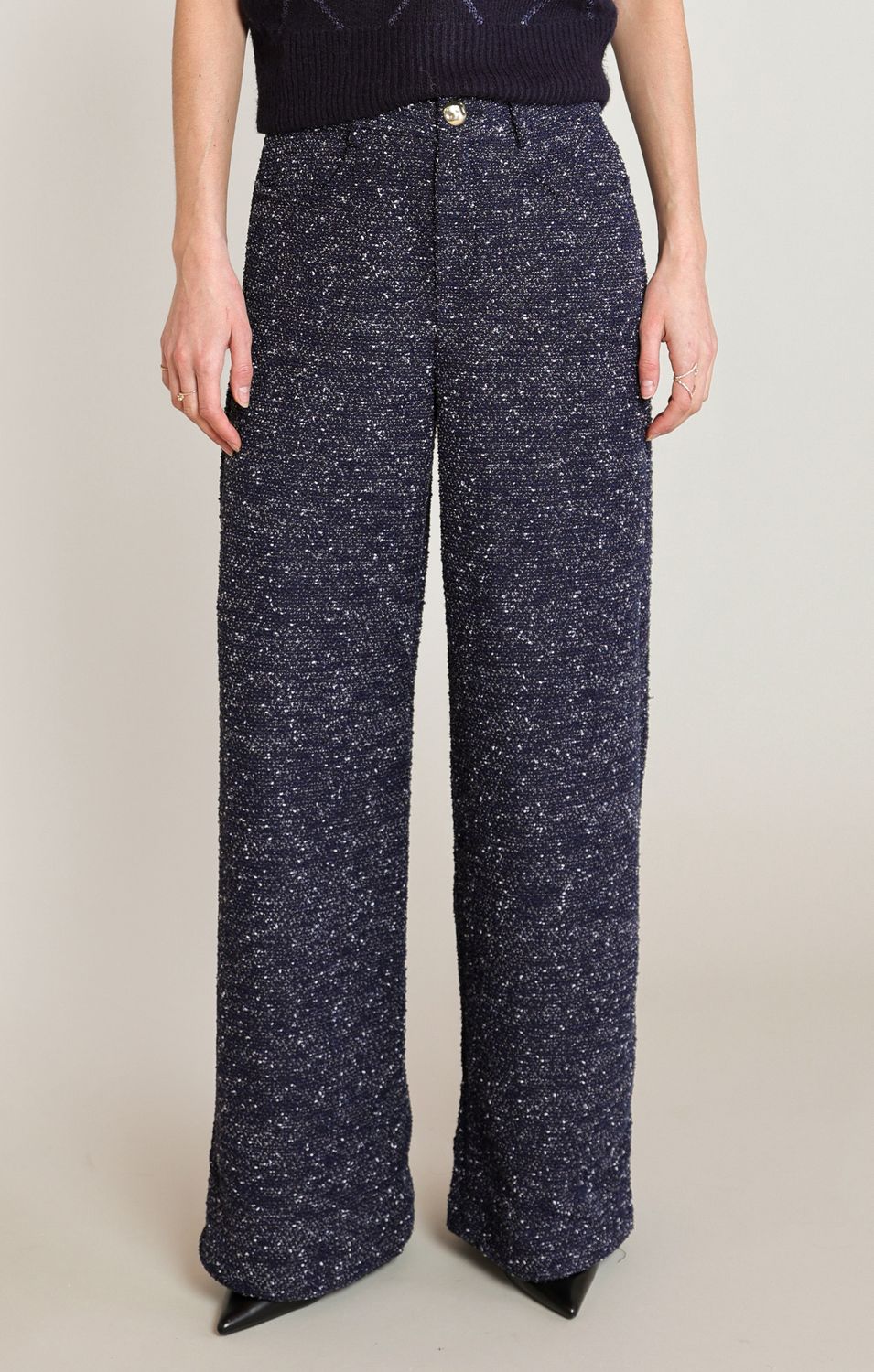 Navy Blue Melange Boucle Pants