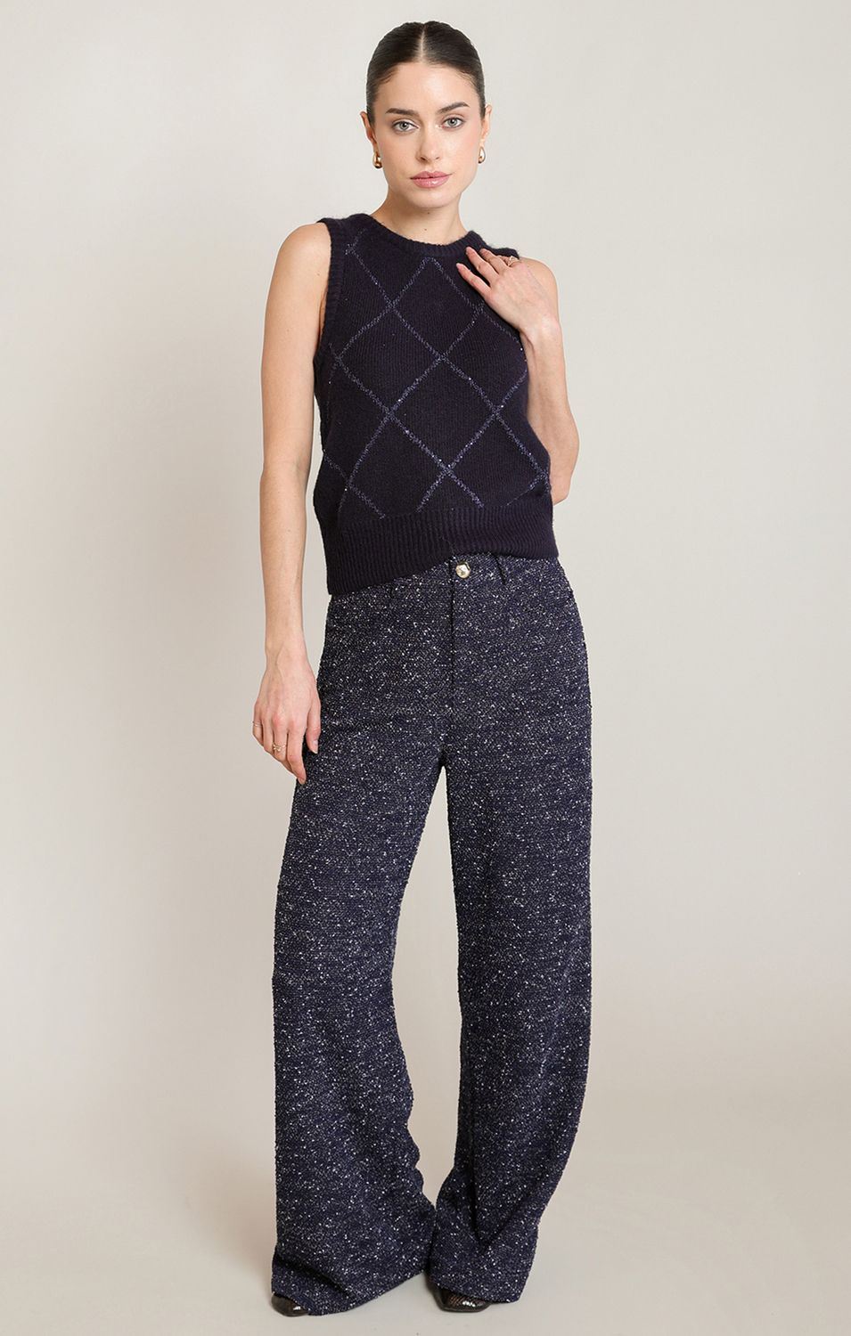 Navy Blue Melange Boucle Pants